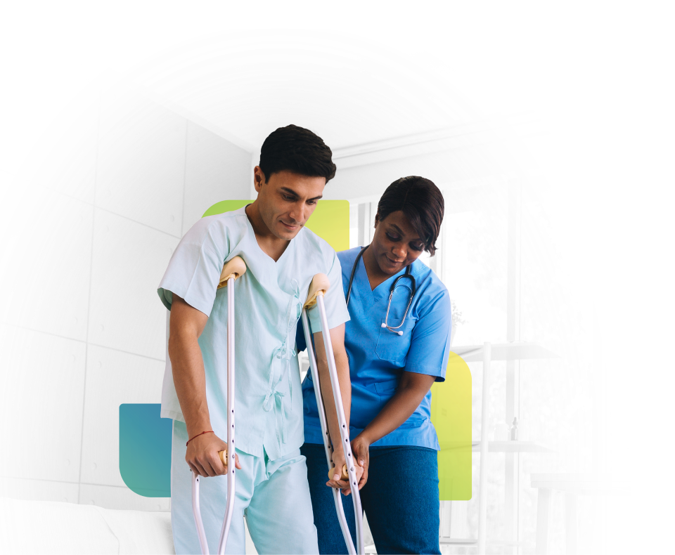 A caregiver assisting a patient using crutches